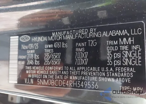 2024 Hyundai Tucson Sel z USA, uszkodzony, nr VIN 5NMJBCDE4RH349536